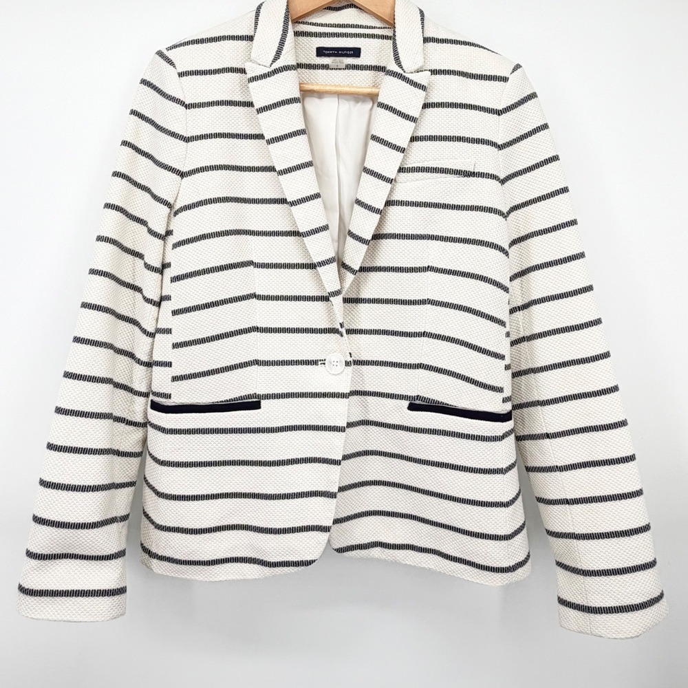 Tommy Hilfiger Striped Blazer Jacket Elbow Patches Women's Size 8 Navy Ivory